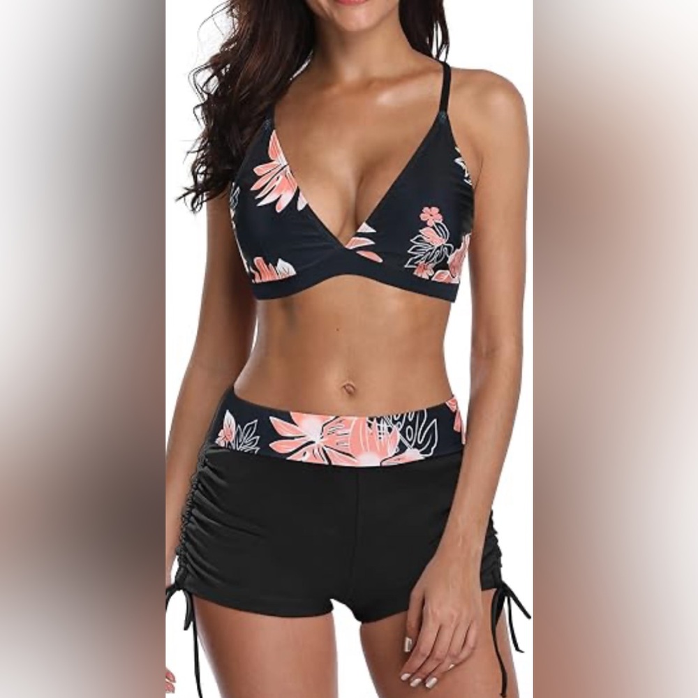 Century Star Bikini Boyshort Swimsuit Small (2-4)  Black floral NWOT